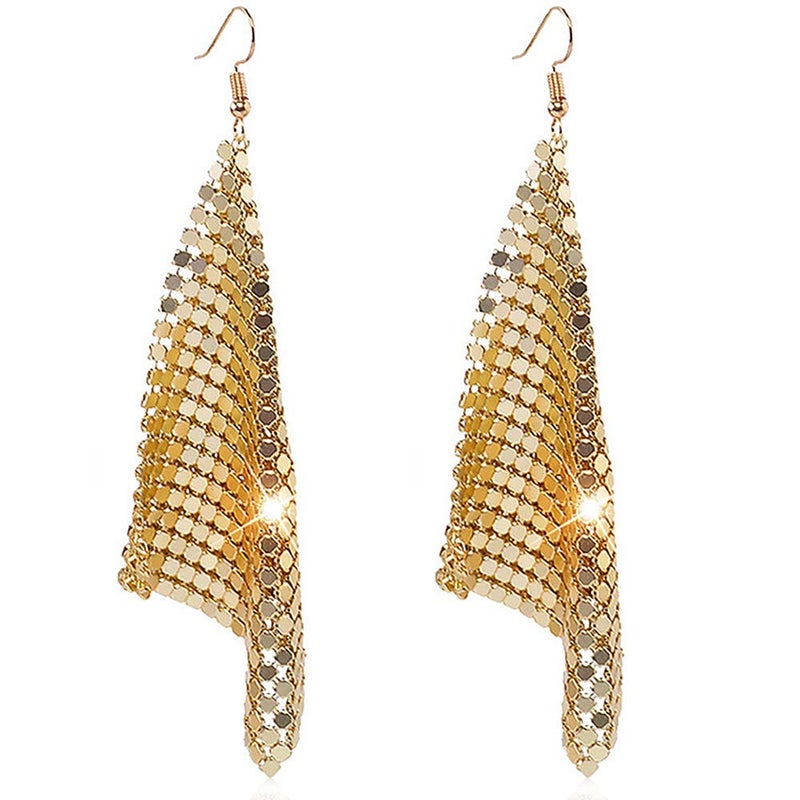 Suyi Trendy Women Earrings Metal Mesh Grid Sequins Tassel Long Drop Dangle Earrings Gold - Image 1